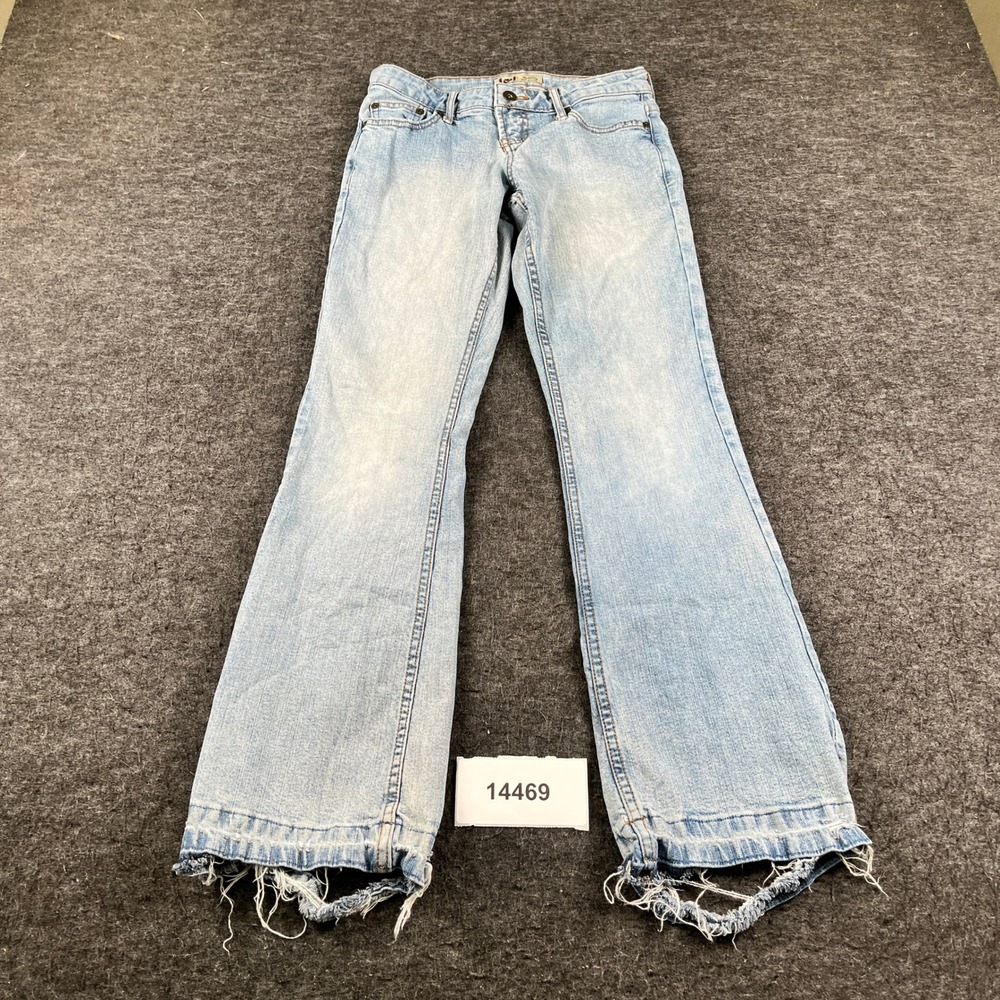 L.E.I. Ashley Jeans Womens 0 Light Blue Denim Ultra Low Rise Raw Hem Flare Leg